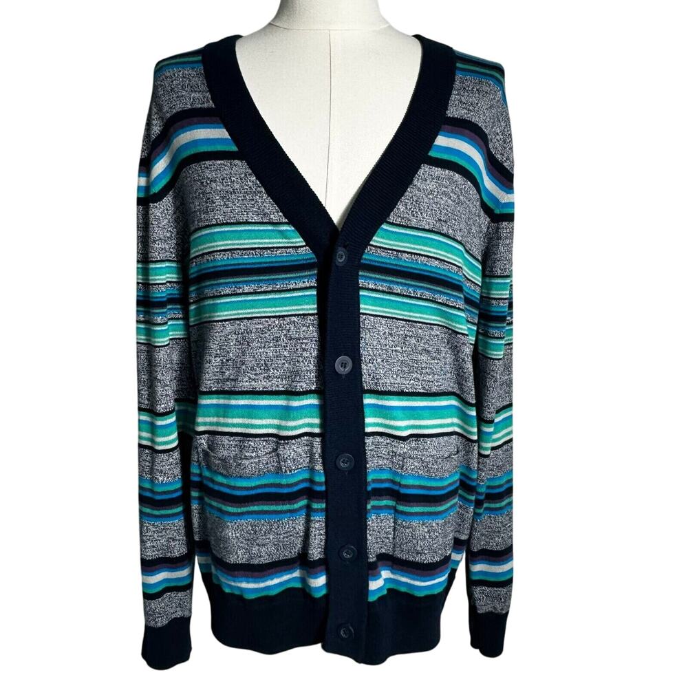 MODERN AMUSEMENT NWT Men's Large Blue Gray Striped Button Up Cardigan‎ Sweater